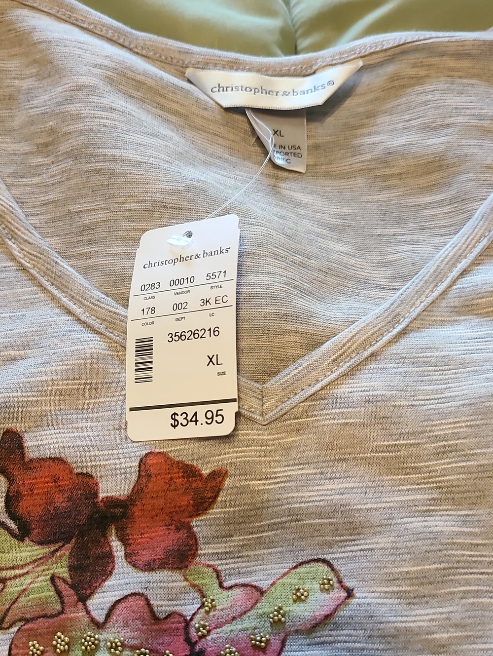 Christopher & Banks Heather Gray V-Neck Floral Short Sleeve Top